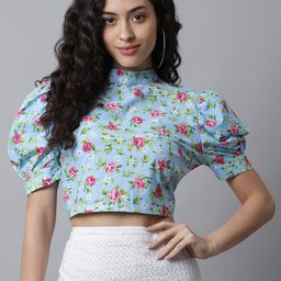 ELEVANTO Blue Floral Print Styled Back Crop Top-image-88