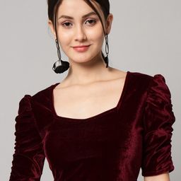 VAARARO Puff Sleeves Sweetheart Neck Velvet Blouson Crop Top-image-97