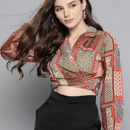 Sassafras Brown & Red Geometric Printed Georgette Wrap Crop Top image 1