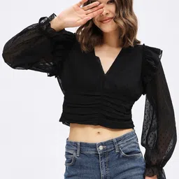 Harpa Self Designed V-Neck Puff Sleeve Crop Top-6