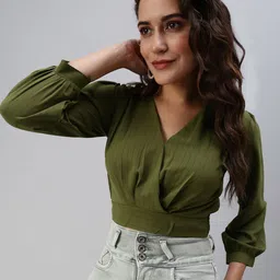 SHOWOFF Olive Green Crepe Wrap Crop Top-image-85