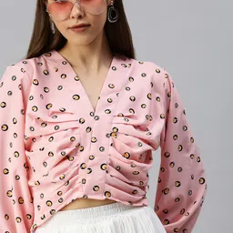 SHOWOFF Pink Print Crepe Wrap Crop Top-image-12