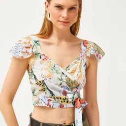 Olalook Floral Print Sweetheart Neck Flutter Sleeve Wrap Crop Top-picture-1