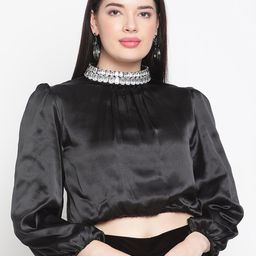 Amagyaa High Neck Long Sleeves Velvet Crop Top-image-44