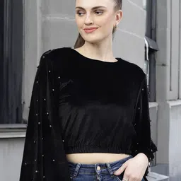 STYLECAST X KASSUALLY Embellished Flared Sleeve Velvet Crop Top-9