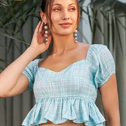 KASSUALLY Blue Checked Puff Sleeve Peplum Crop Top-image-4