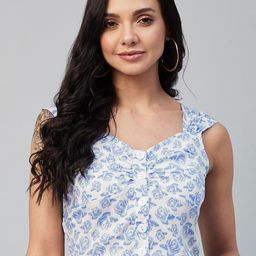 RARE Off White & Blue Floral Sweetheart Neck Regular Crop Top-image-58