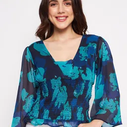 DELAN Abstract Printed Flared Sleeve Smocked Top-image-48