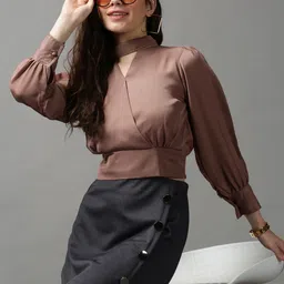 SHOWOFF Women Taupe Keyhole Neck Wrap Crop Top-picture-43