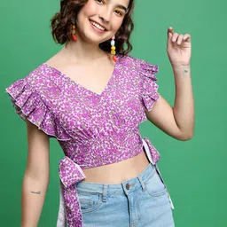 KETCH Floral Printed Flutter Sleeve Smocked Crop Top-picture-27