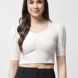 Popwings Striped Ribbed Puff Sleeves Crop Top-image-24