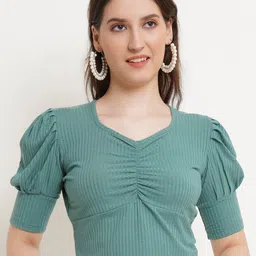 Popwings Vertical Striped Puff Sleeves Crop Top-image-76