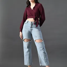 Myshka Mandarin Collar Flared Sleeve Crop Top-image-83