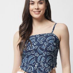 Popwings Bagru Block Printed Smocking Pure Cotton Crop Top-image-6