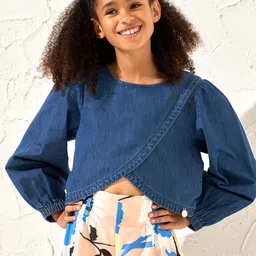 Angel & Rocket Solid Round Neck Indigo Crop Top-image-2