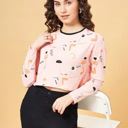 People Peach Conversational Printed Long Sleeves Regular Crop Top-picture-21