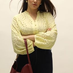 VERO MODA CURVE Mandarin Collar Schiffli Cotton Top-image-26