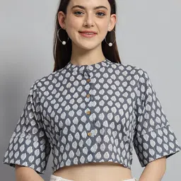 HANDICRAFT PALACE Ethnic Print Mandarin Collar Flared Sleeves Cotton Crop Top-picture-6