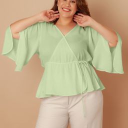 Zink Curve Plus Size Flared Sleeves Cotton Wrap Top-image-8