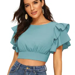 Sanwariya Silk Flutter Sleeve Blouson Crop Top-picture-14