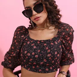KETCH Floral Printed Puff Sleeves Smocking Fitted Crop Top-image-31