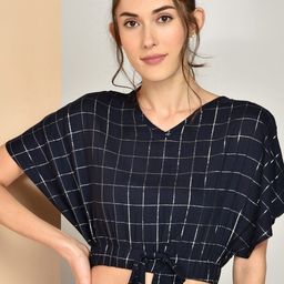 CHIMPAAANZEE Navy Blue Checked Extended Sleeves Blouson Crop Top-image-24