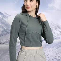 Tokyo Talkies Grey Ribbed Hooded Regular Crop Top-4