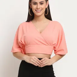 ELEVANTO Women Peach-Coloured Extended Sleeves Wrap Crop Top-picture-11