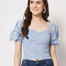 Trend Arrest Floral Printed Sweetheart Neck Smocking Fitted Crop Top-image-13