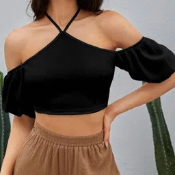 Stylecast X Slyck Black Halter Neck Cold-Shoulder Crop Fitted Top-image-29