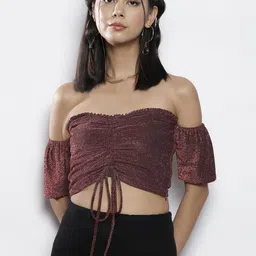 SASSAFRAS Women Pink Embellished Off-Shoulder Crop Top-image-29
