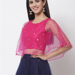 studio rasa Pink & Gold-Toned Sequins Embroidered Sheer Net Cape Crop Top image 5