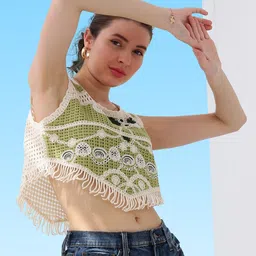 Boho By Athena Self Design Fringed Cotton Crop Top image 3