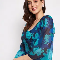 DELAN Abstract Printed Flared Sleeve Smocked Top image 3