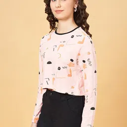 People Peach Conversational Printed Long Sleeves Regular Crop Top image 4