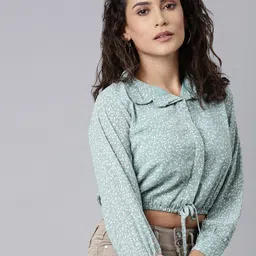 SHOWOFF Abstract Printed Shirt Collar Crop Top-image-19