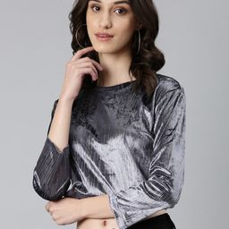 SHOWOFF Round Neck Studded Velvet Crop Top-48
