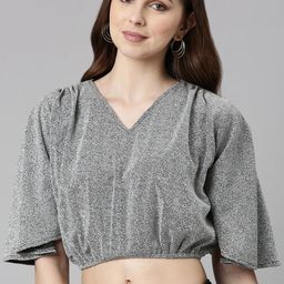 SHOWOFF V-Neck Extended Sleeves Blouson Crop Top-image-14