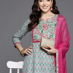 Indo Era Women Floral Printed Mirror Work Pure Cotton Kurta with Trousers & With Dupatta-image-83