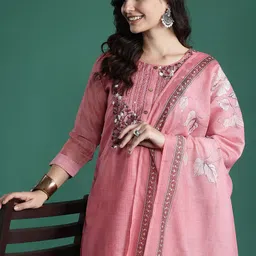 Indo Era Floral Embroidered Thread Work Chanderi Silk Kurta with Trousers & With Dupatta-picture-48