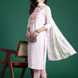 Indo Era Embroidered Thread Work Pure Cotton Kurta With Trousers & Dupatta-21