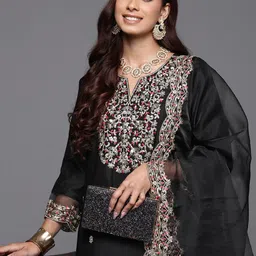Indo Era Floral Embroidered Regular Sequinned Liva Kurta with Trousers & Dupatta-36