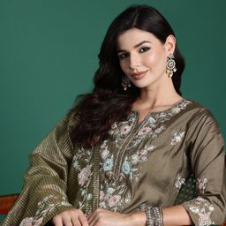 Indo Era Floral Embroidered Thread Work Chanderi Silk Kurta With Trousers & Dupatta-image-6