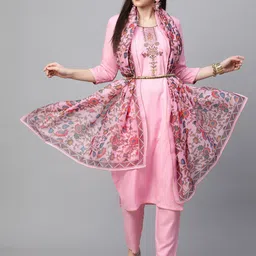 KALINI Women Pink Ethnic Motifs Embroidered Thread Work Kurta with Trousers & With Dupatta-picture-31