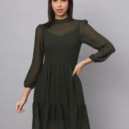 Women Fit and Flare Green Knee Length Dress-image-5