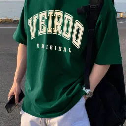Oversized Men Printed, Typography Round Neck Pure Cotton Green T-Shirt-image-3