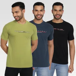 Pack of 3 Men Printed Round Neck Cotton Blend Black, Blue, Dark Green T-Shirt-picture-7