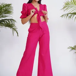 Salvia Sky V-Neck Puff Sleeves  Tie-Ups Crop Top & Palazzos-picture-56