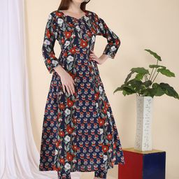 ERISHA Women Navy Blue Floral Printed Panelled Gotta Patti Pure Cotton Kurta with Trousers-image-8