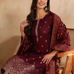 AHIKA Floral Woven Design Regular Kurta & Trousers With Dupatta image 2